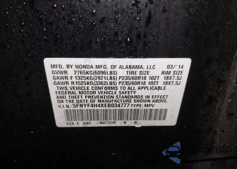 2014 Honda Pilot Ex from USA, damaged, VIN 5FNYF4H4XEB034777